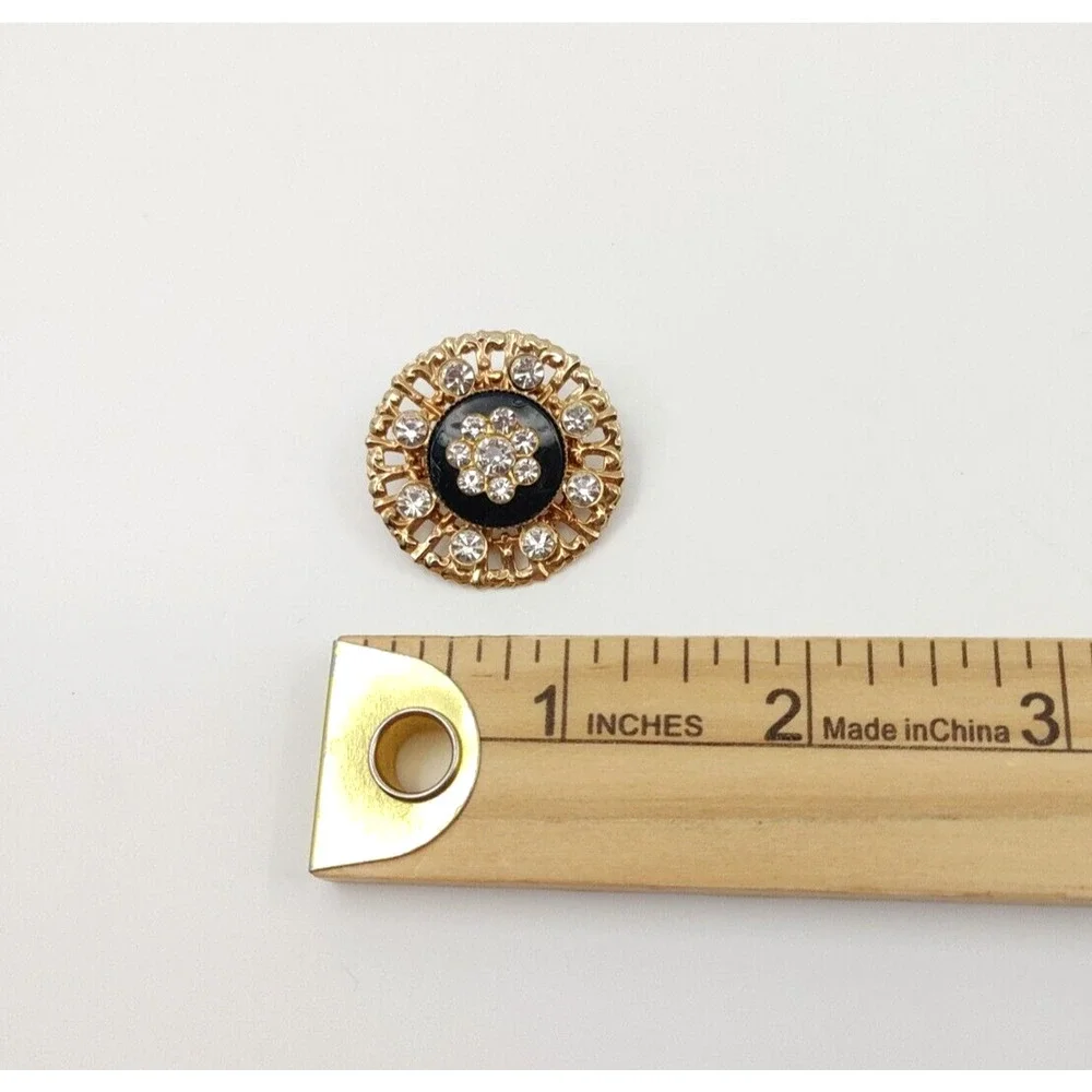 Vintage Flower‎ Brooch Pin Black Gold-Tone Rhinestone Victorian